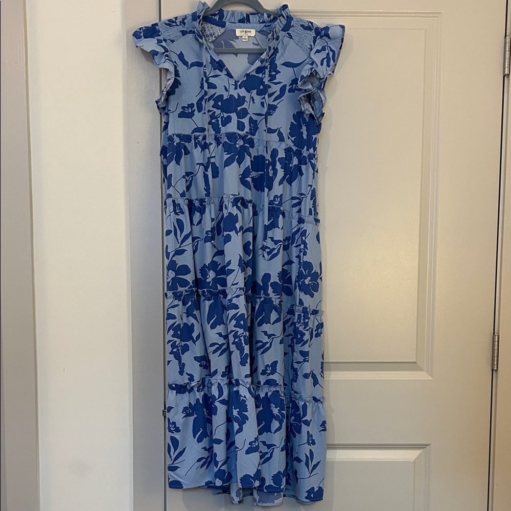Umgee Light Blue Maxi Dress with Cobalt Floral Print